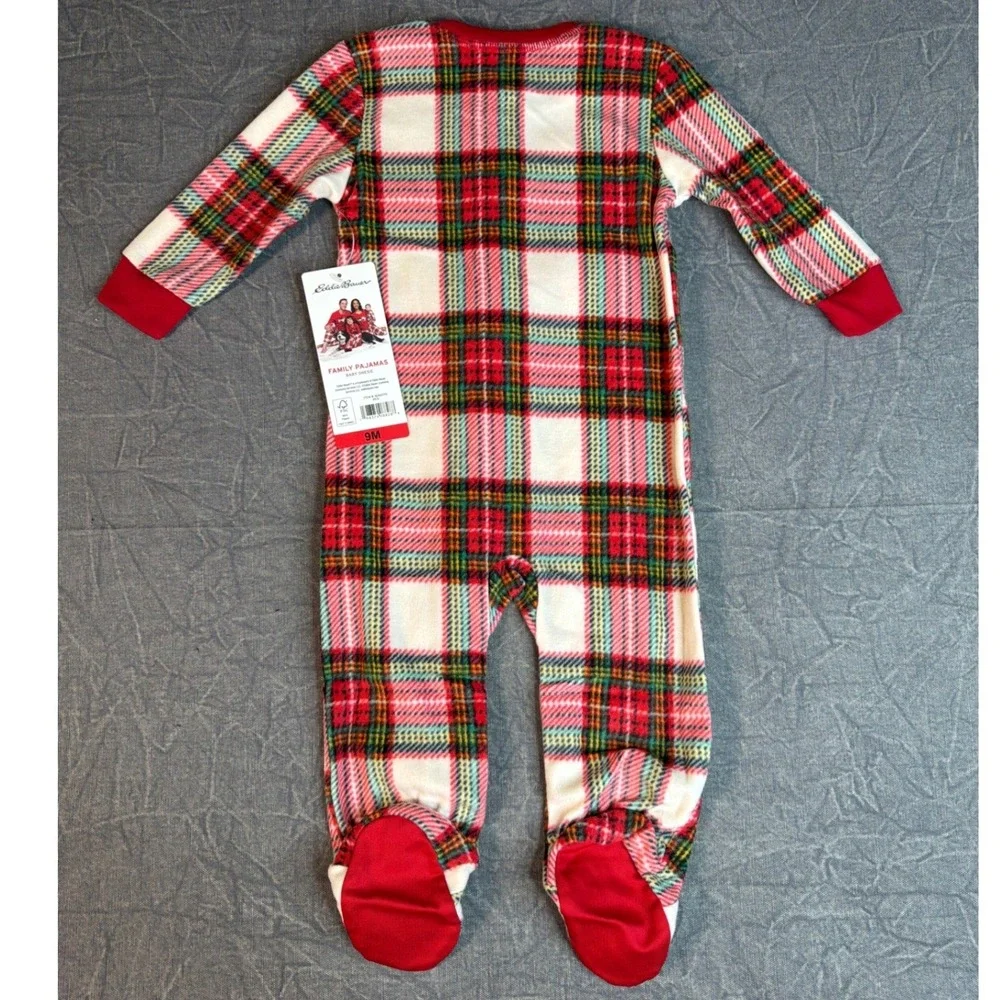 Eddie Bauer Footed Sleeper Kids 9M Family Pajama Red Plaid Fleece NEW